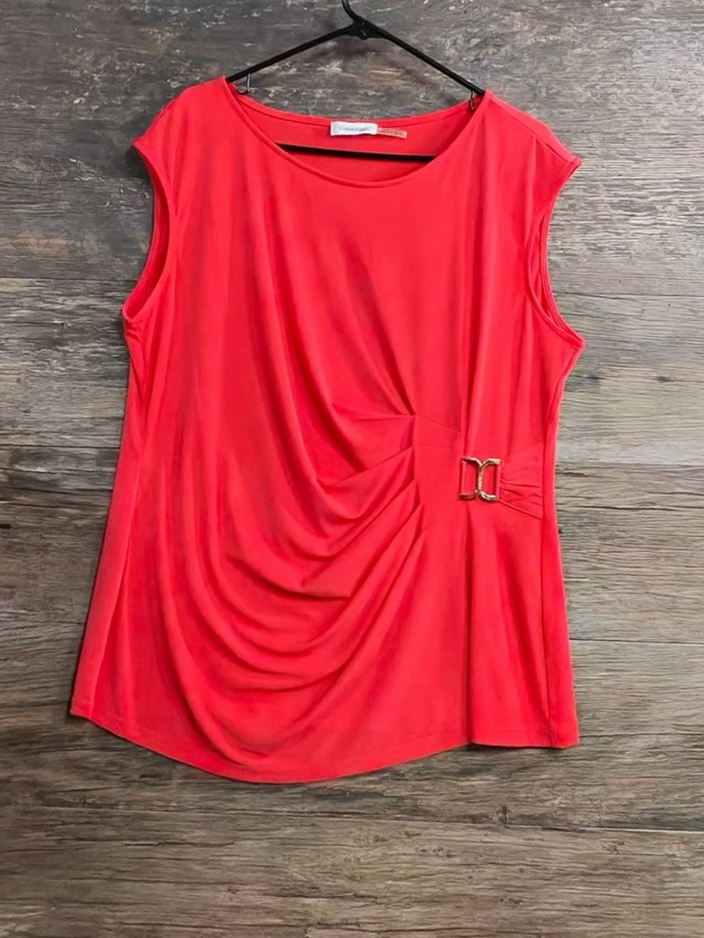 Calvin Klein Sleeveless Red Draped Top with Side Buckle